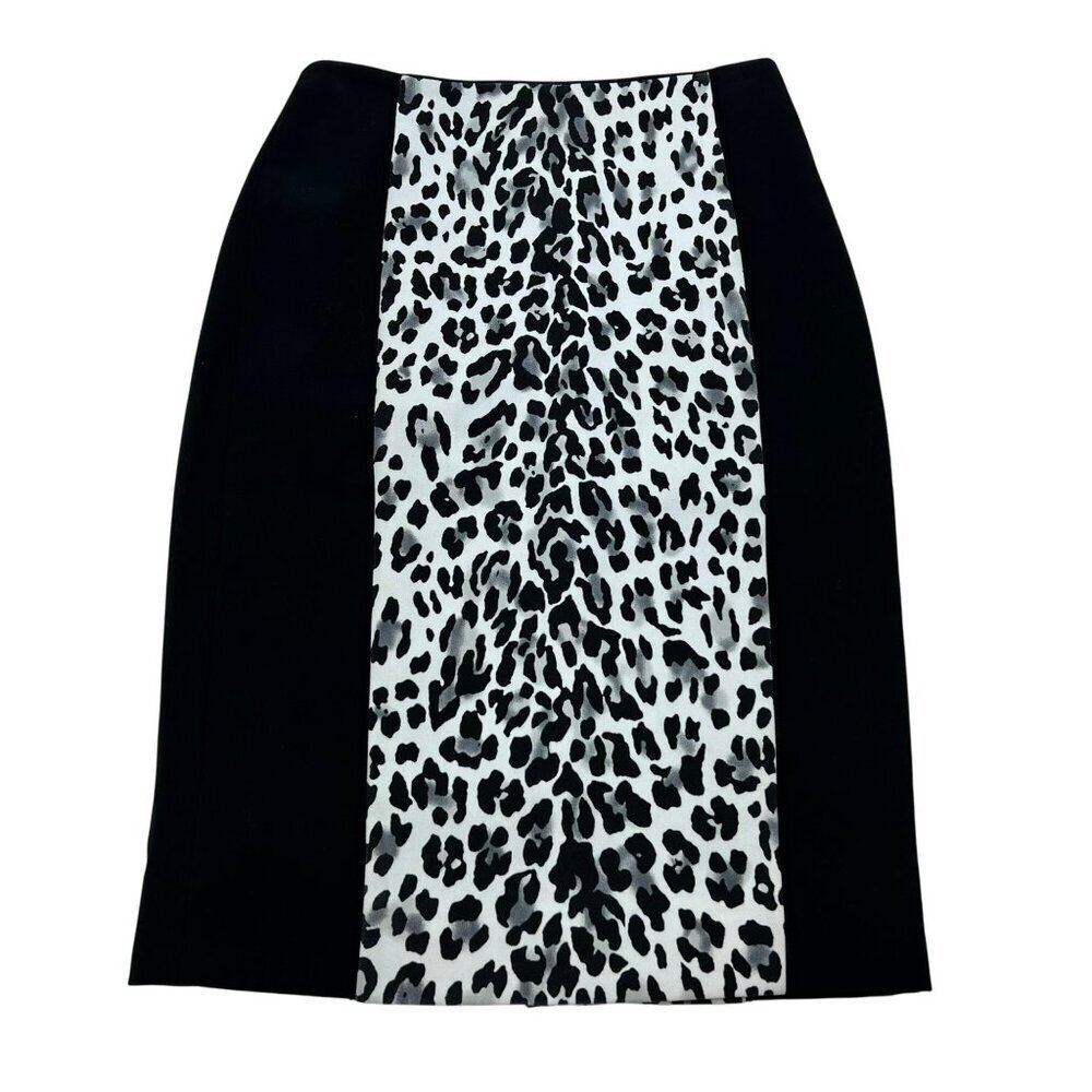 WHBM Leopard Print Pencil Skirt Back Slit Black/Multi Size 00 Zip